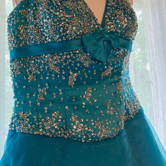 TIFFANY DESIGNS by CHRISTINA WU STUNNING HALTER BEADED TURQUOISE GOWN DRESS - Picture 6 of 11